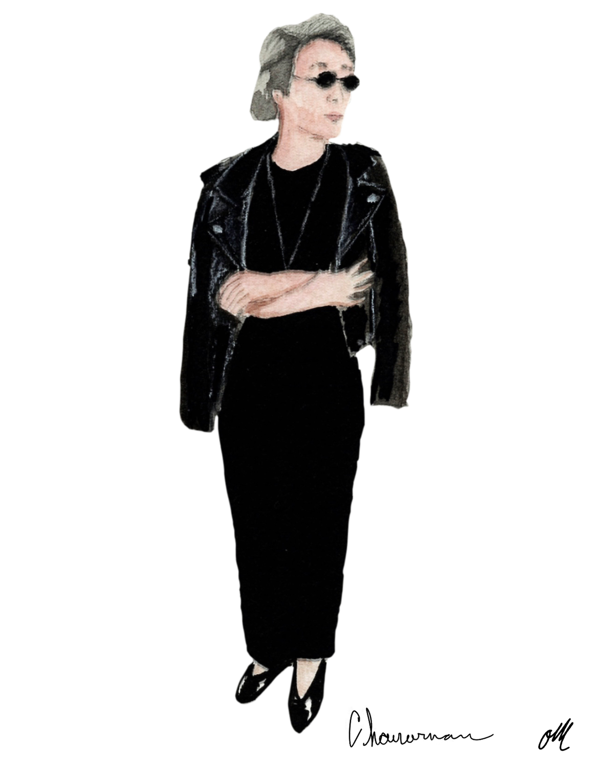 Illustration of a person with gray hair wearing sunglasses, a black leather jacket, long black dress, and black shoes, standing with arms crossed.