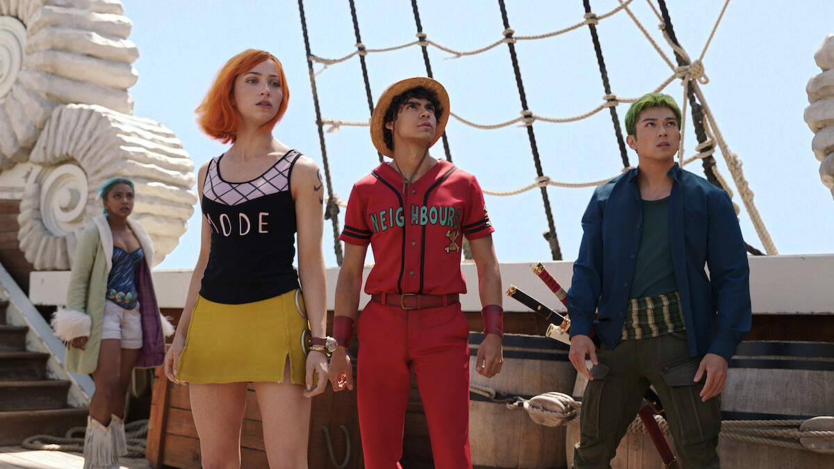 Emily Rudd as Nami, Iñaki Godoy as Monkey D. Luffy, and Mackenyu as Roronoa Zoro in ‘ONE PIECE’ Season 2