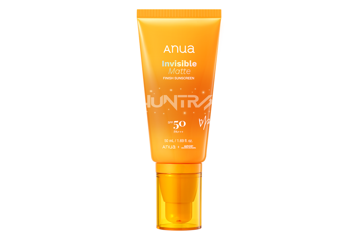Anua Invisible Matte Finish Sunscreen SPF 50 in an orange squeeze tube with a pump, isolated on a white background, product facing forward.