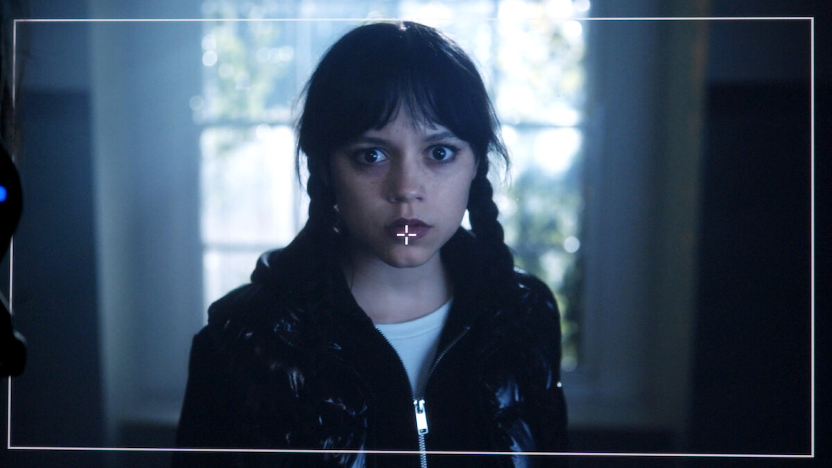 Behind the scenes shot of Jenna Ortega on the set of Season 2 of 'Wednesday'