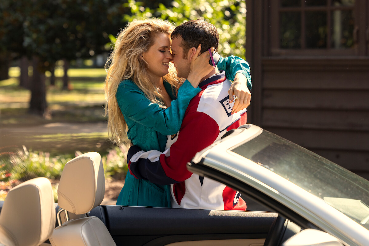 Abbey Lee as Delly West and Emory Cohen as Moss Yankov in Florida Man Season 1.