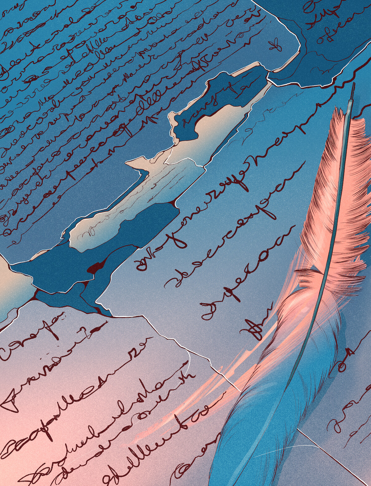 A blue and pink illustration of a feather quill and manuscript