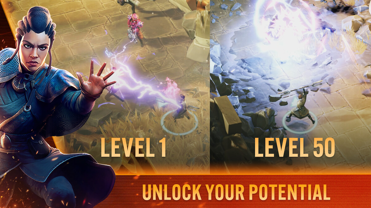 A female fighter casts lightning from her hand (left); on the right is an in-game fight scene
