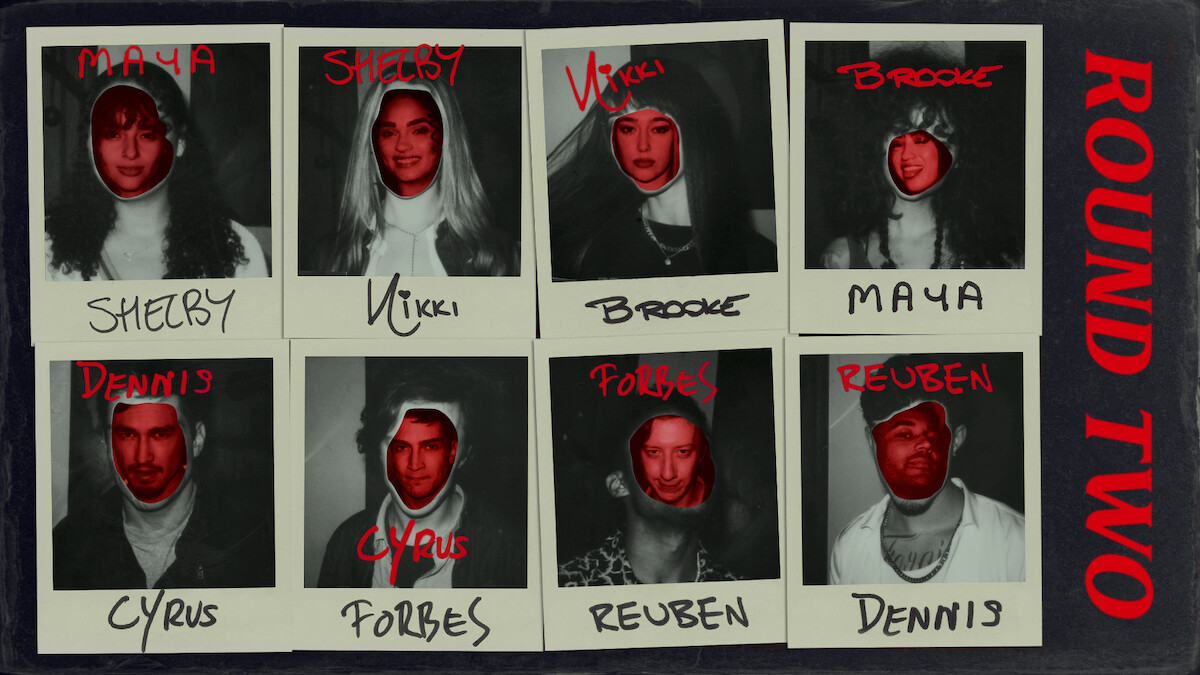 A Polaroid photo collage showing the characters in ‘It’s What’s Inside’ in Round 2 of the game