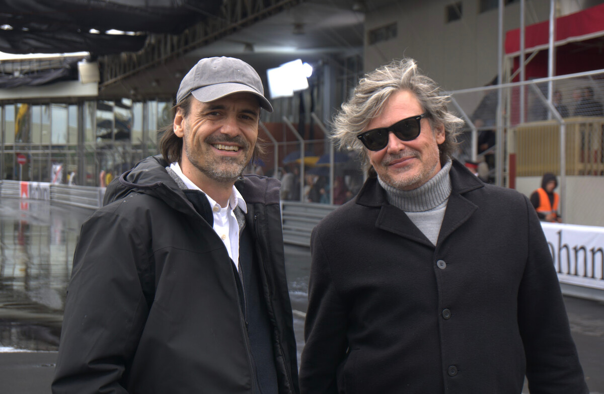 Senna producers Caio and Fabiano Gullane stand on the set of Senna
