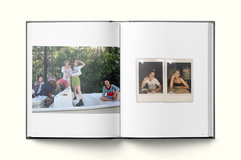An open photo book showing a group of young people outdoors on the left page and two instant photos of individuals posing indoors on the right page.