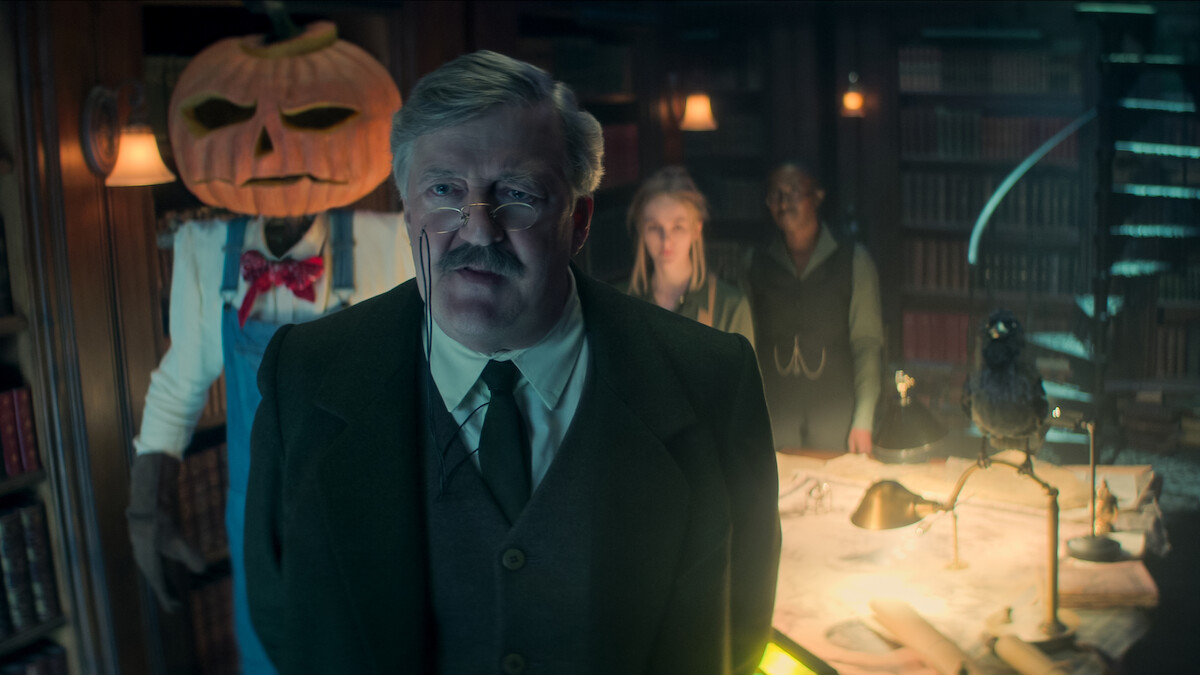 Mark Hamill as Merv Pumpkinhead, Stephen Fry as Gilbert, Ann Skelly as Nuala, and Vivienne Acheampong as Lucienne in ‘The Sandman’ Season 2.
