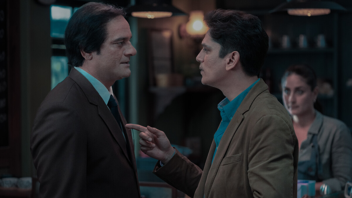 Vijay Varma as Karan points at Jaideep Ahlawat as Naren “Teacher” Vyas in the movie ‘Suspect X.’