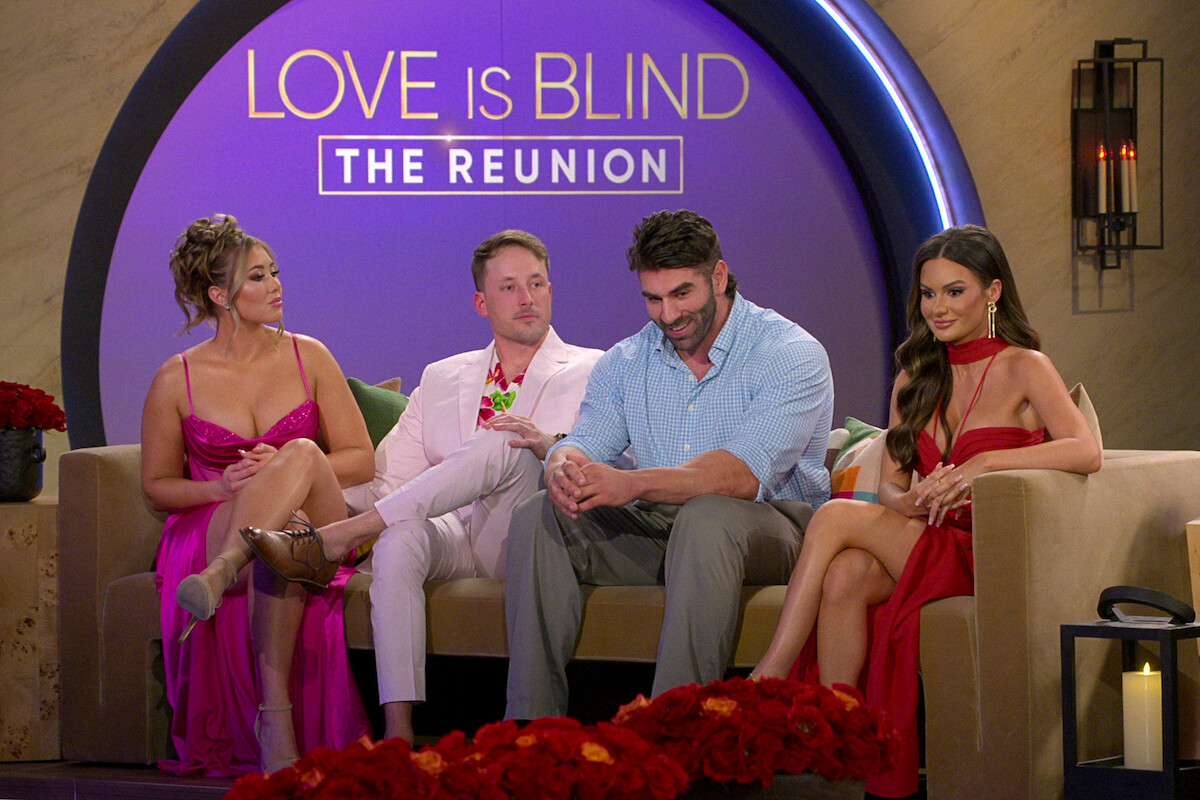 Sarah Ann Bick, Jeramey Lutinski, Trevor Sov, and Jessica Vestal sitting on a couch in the season 6 reunion of Love is Blind.