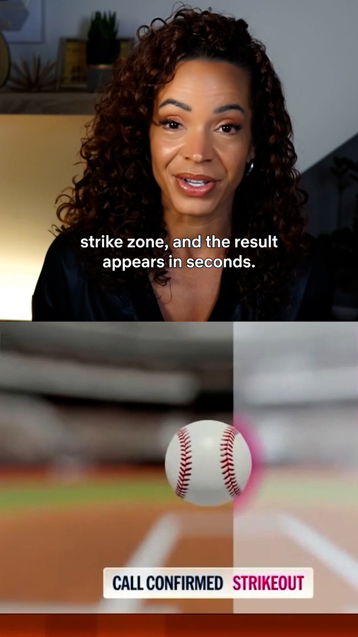 A woman explains baseball strike zone technology indoors, with onscreen text describing quick results; below, a digital graphic shows a baseball crossing a virtual strike zone with "CALL CONFIRMED STRIKEOUT" displayed.