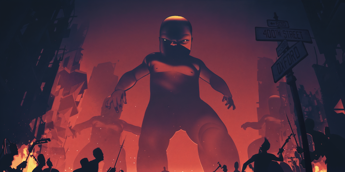 Animated still of a giant baby towering over a city street in the episode “400 Boys” from ‘Love, Death + Robots’ Volume 4