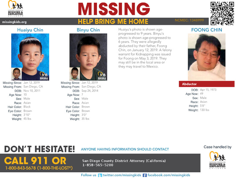 Foong Chin is wanted for the 2019 abduction of sons Binyu and Huaiyu Chin. 