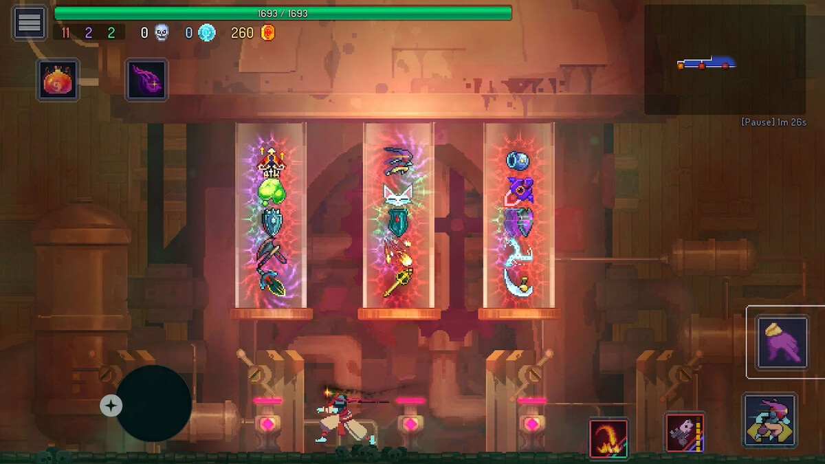 A video game scene showing a character below three vertical cases displaying various glowing items. The setting is industrial, with machinery in the background, and the interface shows health, currency, and abilities.