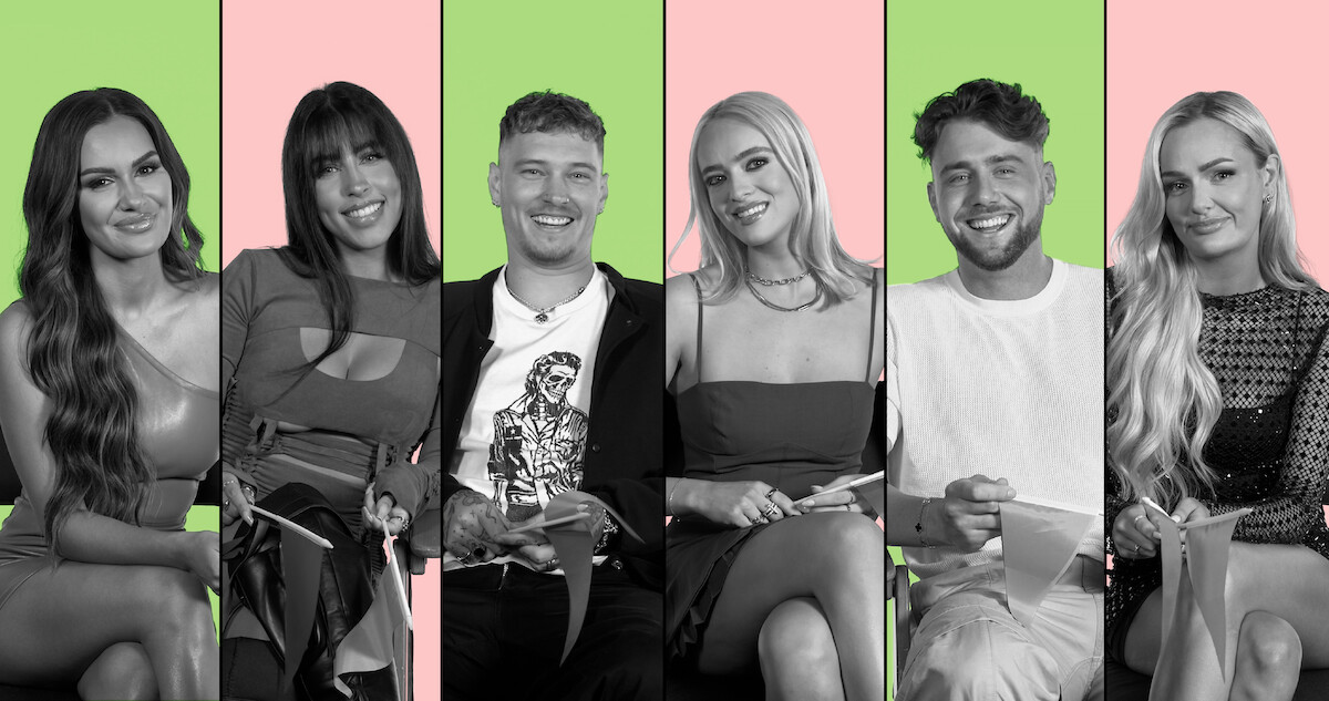 Jess, Alara, Stevan, Elys, Harry, and Micah sitting in a row in front of green and pink backdrops.