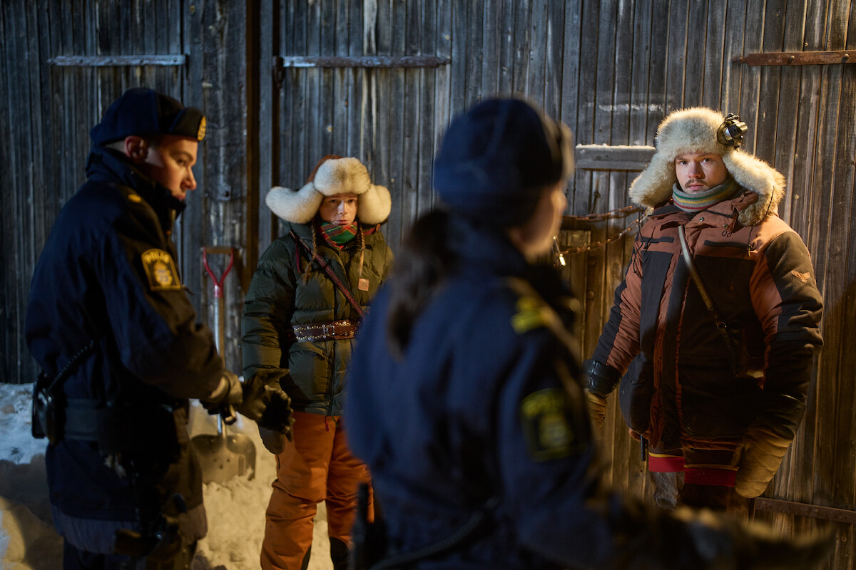 Dakota Trancher Williams as Officer Ljungblad, Elin Kristina Oskal as Elsa, Charlotte Lindmark as Officer Martinsson, and Lars-Ante Wasara as Mattias have a heated confrontation in an image from the film ‘Stolen.’