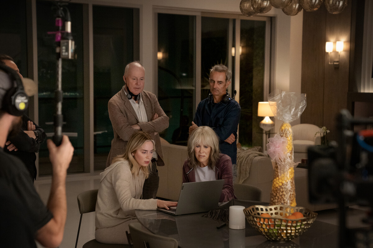 David Yates, Emily Blunt as Liza, Catherine O'Hara as Jackie, and director of photography George Richmond on the set of ‘Pain Hustler’