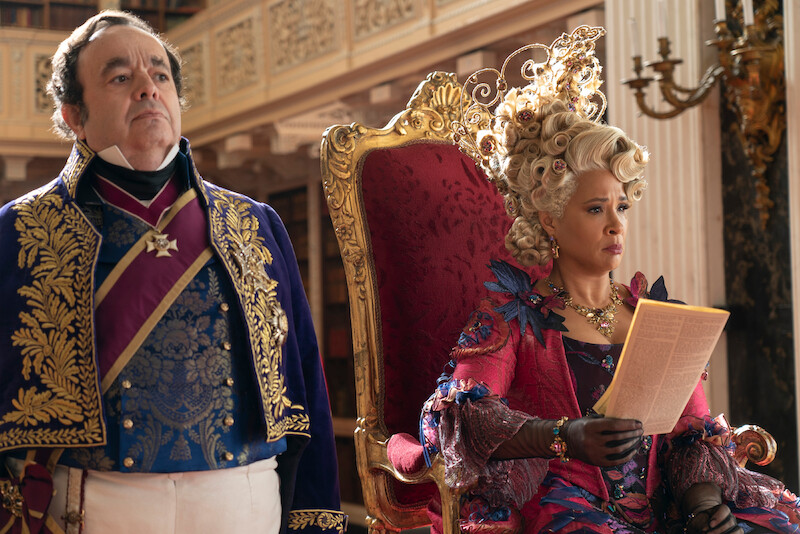 Hugh Sachs as Brimsley and Golda Rosheuvel as Queen Charlotte  in Season 3 of 'Bridgerton'