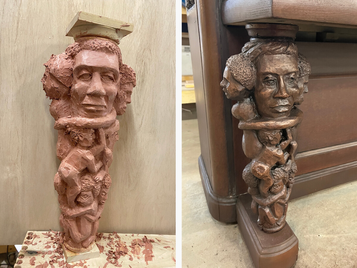 A side by side image of the leg of the piano from The Piano Lesson showcasing the different iterations of the set piece.