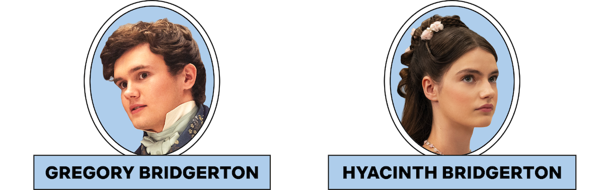 Portraits of Gregory Bridgerton and Hyacinth Bridgerton in period clothing, each framed in an oval with their names labeled underneath against a light blue background.