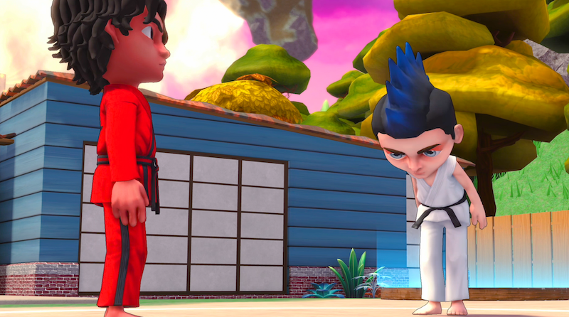 Gameplay image of Miguel and Hawk from 'Cobra Kai' in a battle scene.