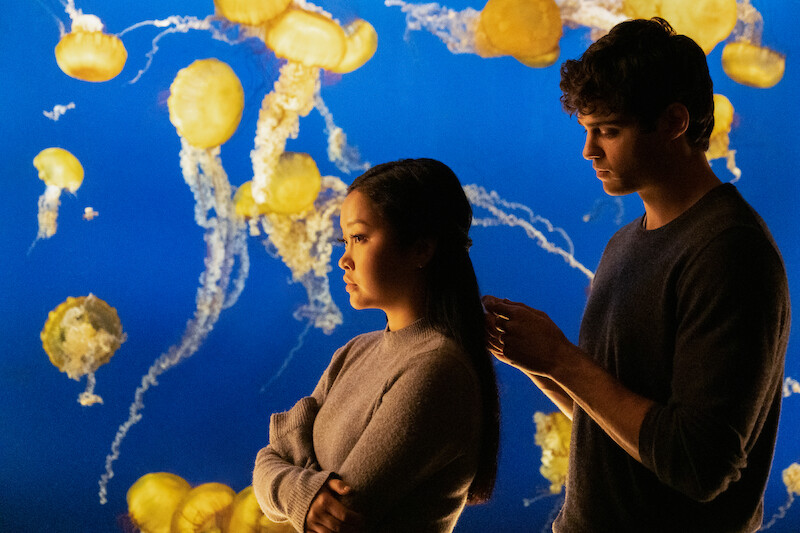Noah Centineo as Peter and Lana Condor as Lara Jean at the Aquarium.