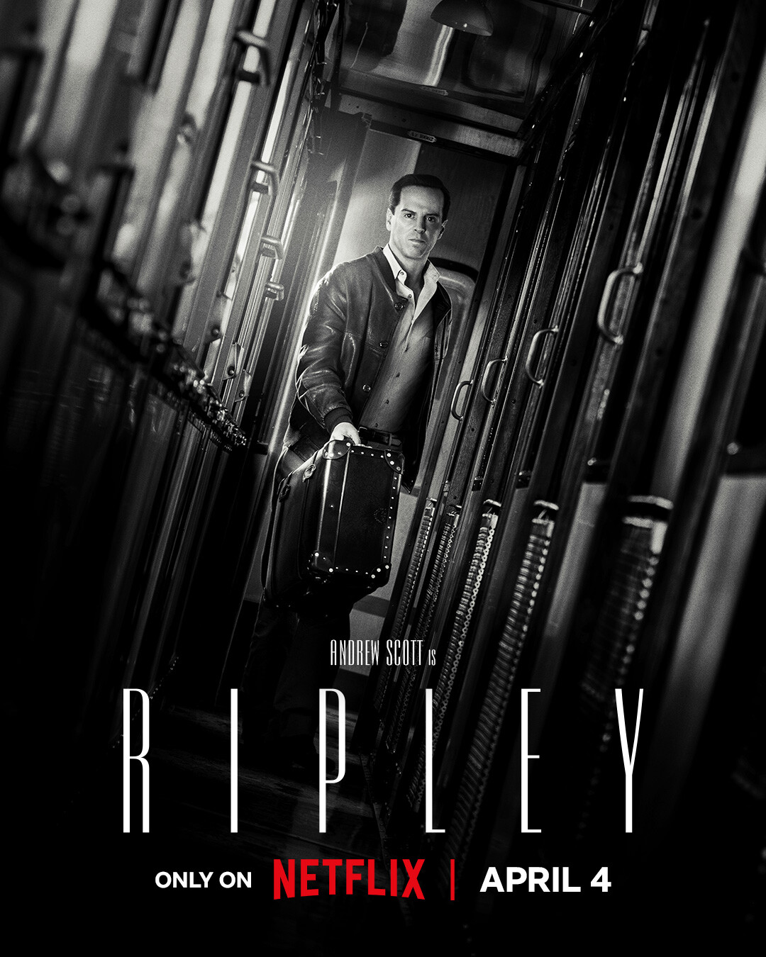 Black and white photo of Andrew Scott as Tom Ripley sitting in a boat in Season 1 of ‘Ripley’