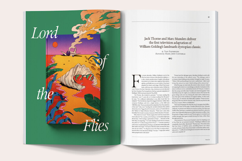 Magazine spread featuring a colorful "Lord of the Flies" book cover illustration on a green page, showing a conch shell, foliage, and sunset; right page has an article about a TV adaptation with text and a headline.