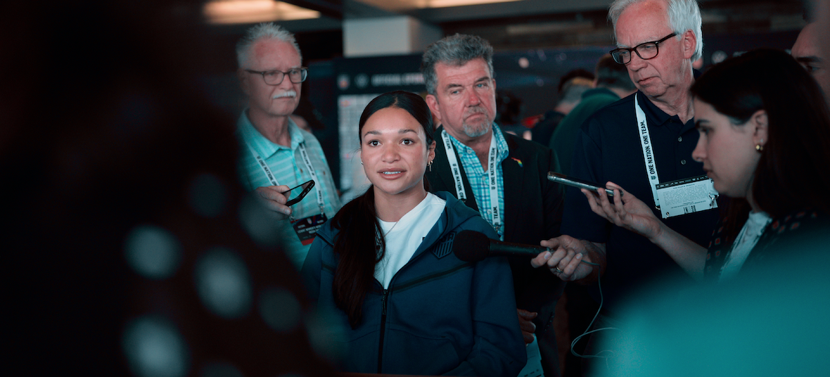 Sophia Smith speaks to journalists.