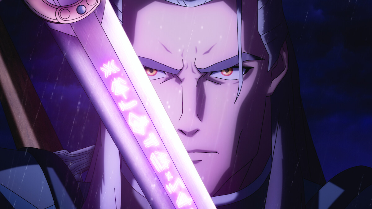 Geralt of Rivia draws his sword with glowing symbols carved into it in the anime film, 'The Witcher: Sirens of the Deep' 