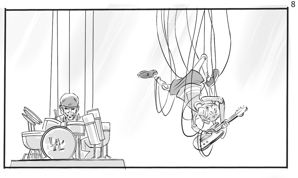 Storyboard sketch of the puppet versions of Anthony Kiedis, Flea, and Chad Smith playing their instruments on stage.