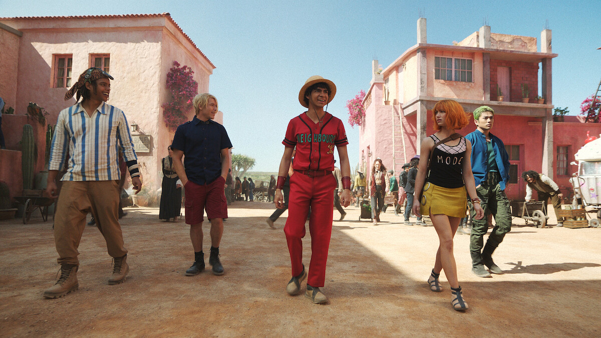 Jacob Romero as Usopp, Taz Skylar as Sanji, Iñaki Godoy as Monkey D. Luffy, Emily Rudd as Nami, Mackenyu as Roronoa Zoro in ‘ONE PIECE’ Season 2