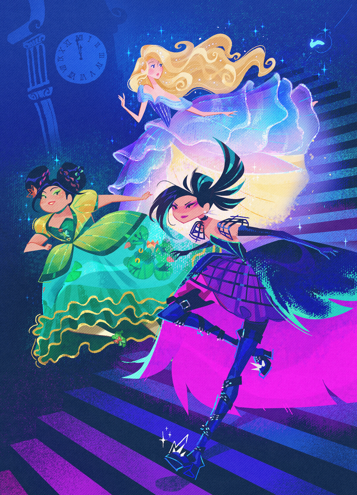 Three young women in colorful, fantasy-style dresses run down stairs at night, with a glowing clock, a lost shoe, and magical sparkles in the background, suggesting a whimsical fairy tale setting.