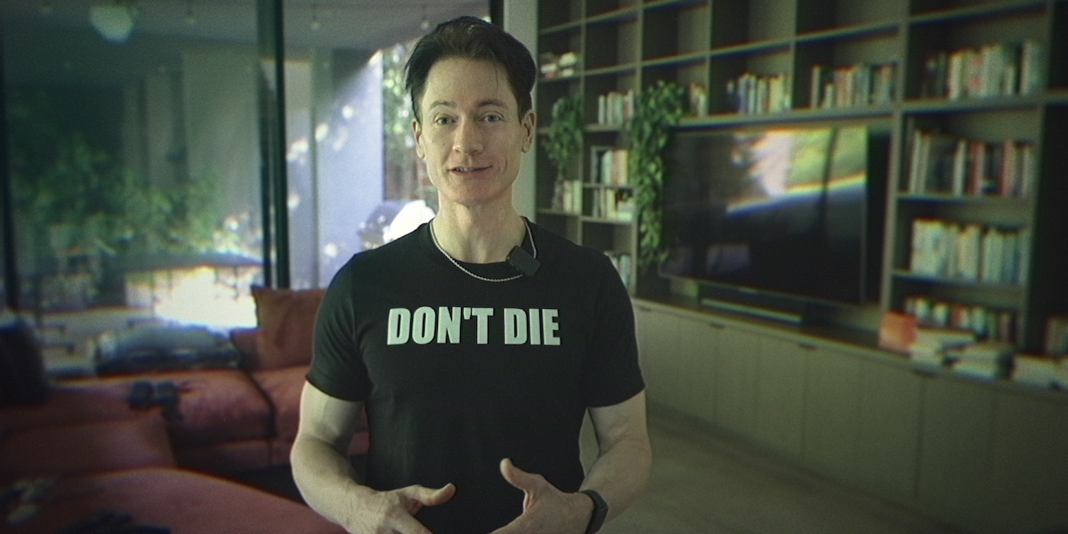 Bryan Johnson with a T-shirt that says ‘DON’T DIE’.