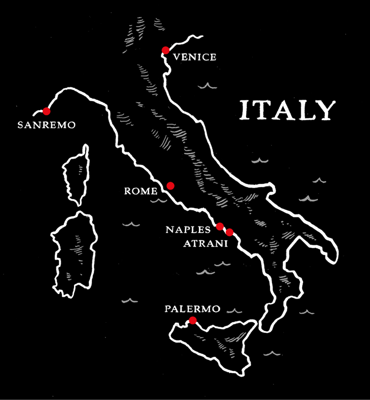 Illustrated locator map of Italy with Sanremo, Rome, Naples, Atrani, and Palermo