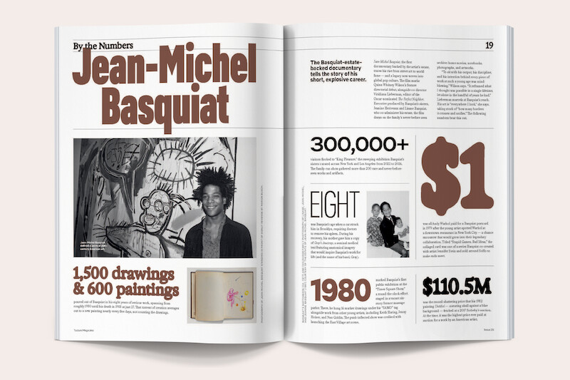 Magazine spread about Jean-Michel Basquiat featuring his photo, artwork, and statistics such as 1,500 drawings, 600 paintings, key milestones, and notable figures from his career, with bold headings and graphic elements.