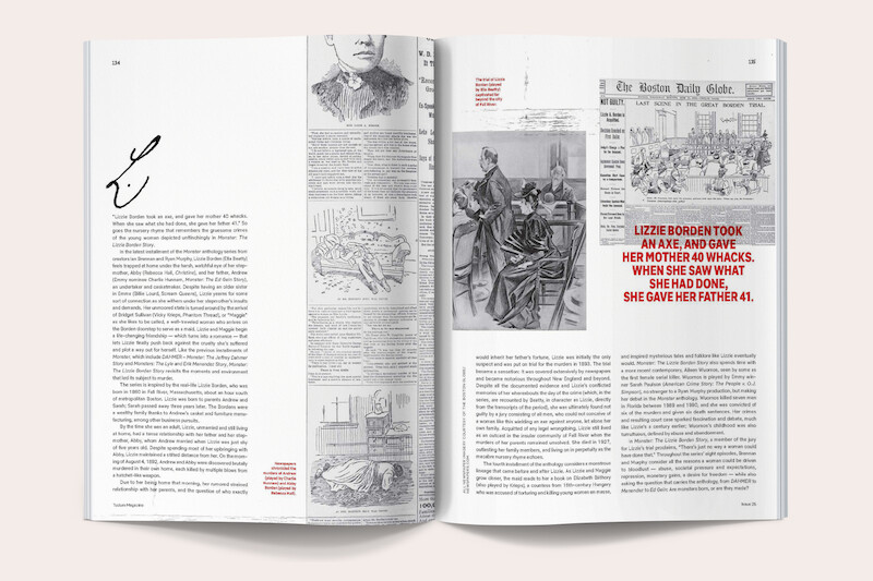 Magazine spread featuring illustrations and vintage newspaper clippings about Lizzie Borden, with large red text quoting the infamous rhyme about her alleged axe murders, surrounded by descriptive text and courtroom sketches.