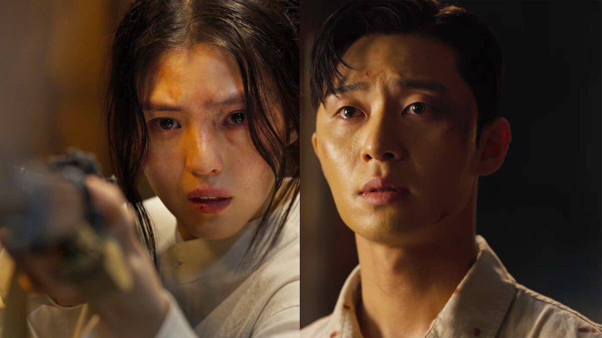 Split screen of two characters in distress in Season 1 of 'Gyeongseong Creature'
