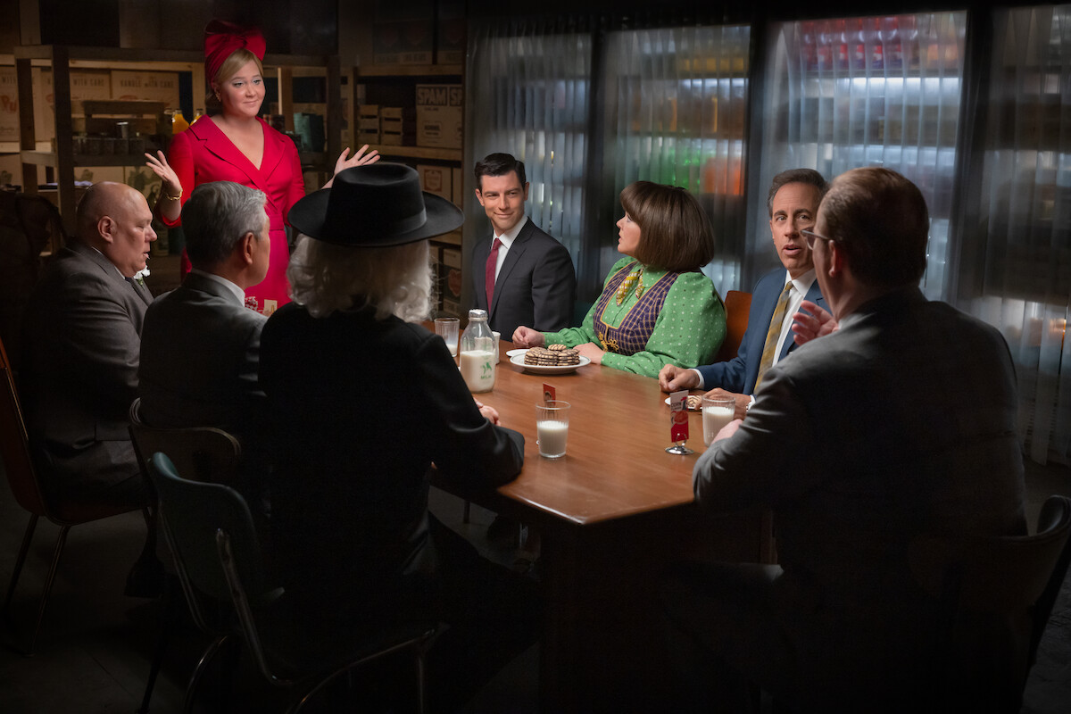 Amy Schumer as Marjorie Post, Max Greenfield as Rick Ludwin, Melissa McCarthy as Donna Stankowski, Jerry Seinfeld as Bob Cabana, Jim Gaffigan as Edsel Kellogg III, Andy Daly as Isaiah Lamb, Ken Narasaki as Ralston Purina, and Michael Joseph Pierce as General Mills in ‘Unfrosted.’