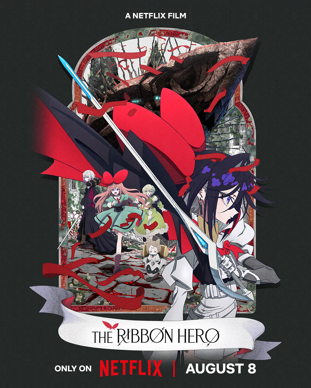 Anime characters wielding swords and ribbons stand in a ruined, overgrown building. Red ribbons, dramatic poses, and a monster in the background convey a fantasy action scene. Poster says “The Ribbon Hero,” Netflix release August 8.