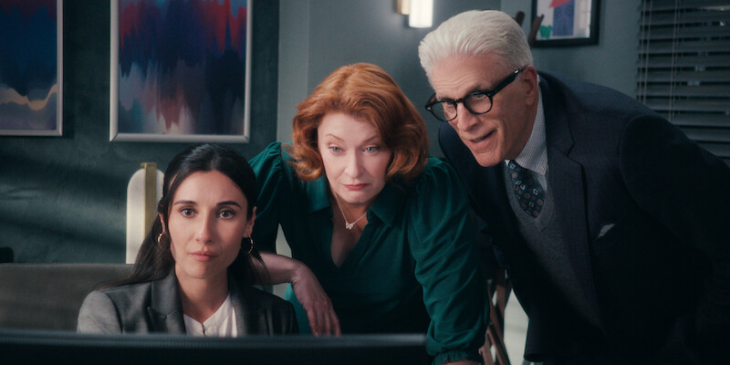 Lilah Richcreek Estrada as Julie, Kerry O’Malley as Megan, Ted Danson as Charles look at a computer screen together in Season 1 of 'A Man on the Inside'