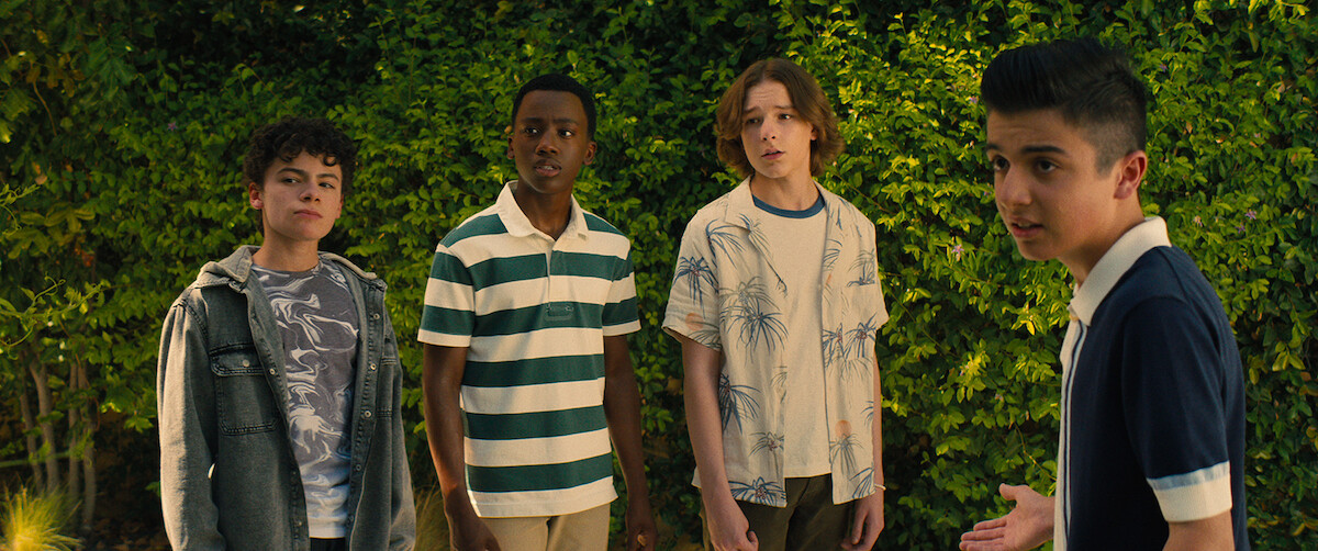 Raphael Alejandro as Connor, Ramon Reed as Eddie, Mason Thames as Benji, and Bardia Seiri as Koosh in ‘Incoming’