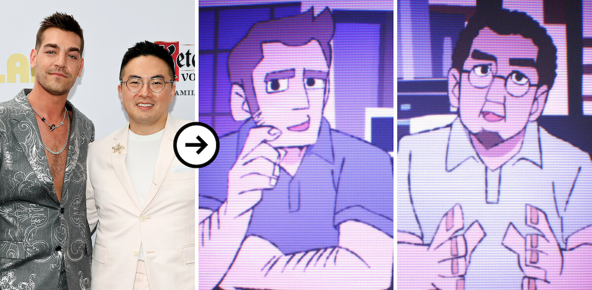 A diptych of images showing a headshot of Matt Rogers and Bowen Yang, and Matt Rogers and Bowen Yang as TV Gossip Announcers in Season 2 of ‘Scott Pilgrim Takes Off’