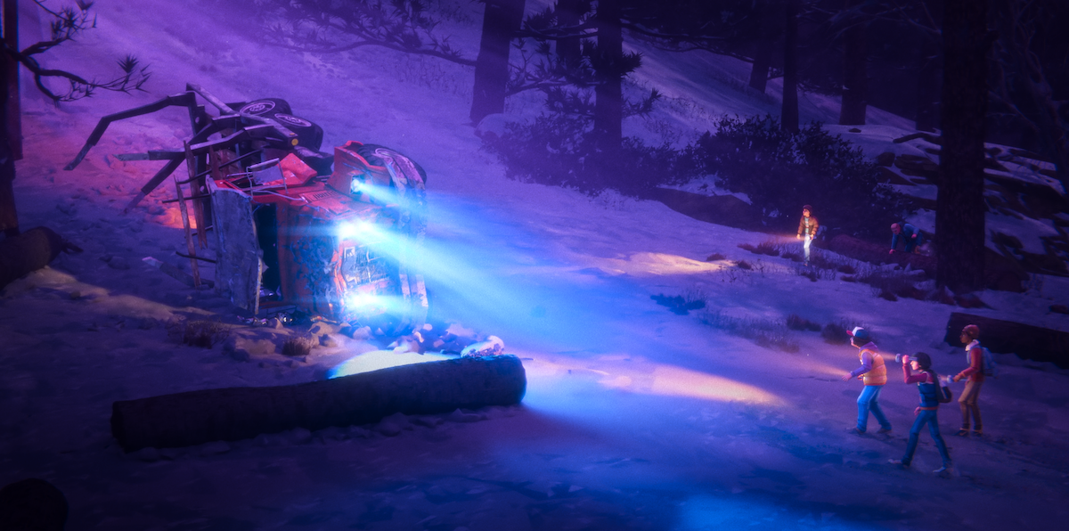 Three people in winter clothes approach a glowing, crashed vehicle emitting blue light in a snowy forest at night, with trees and other figures in the distance.