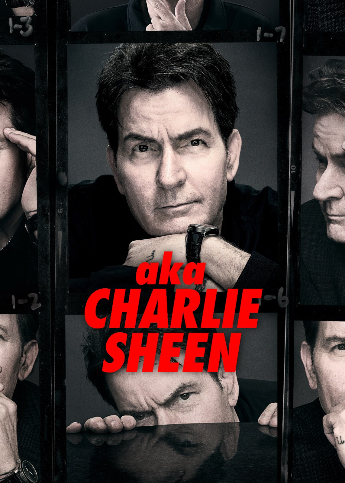 Charlie Sheen appears in different portrait poses in front of the words aka Charlie Sheen in bold red letters.