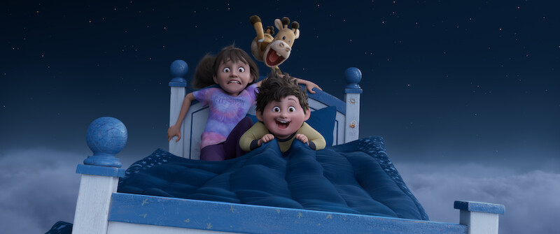 Animated still of Stevie voiced by Jolie Hoang-Rappaport, Baloney Tony voiced by Craig Robinson, and Elliot voiced by Elias Janssen in 'In Your Dreams'