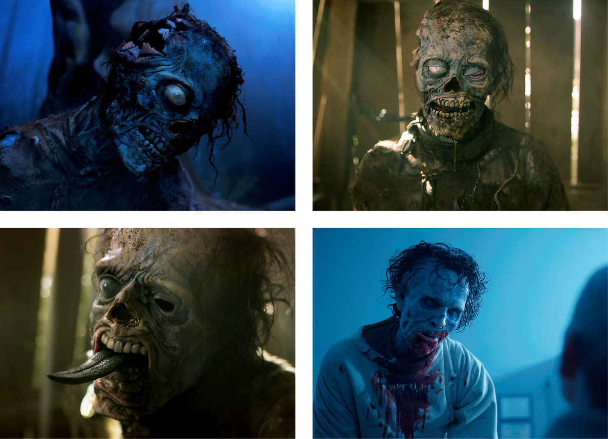 Grid of four images of Owen Painter as Slurp in ‘Wednesday’ Season 2.