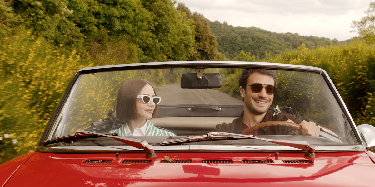 Lily Collins as Emily and Eugenio Franceschini as Marcello in ‘Emily in Paris’ Season 5.