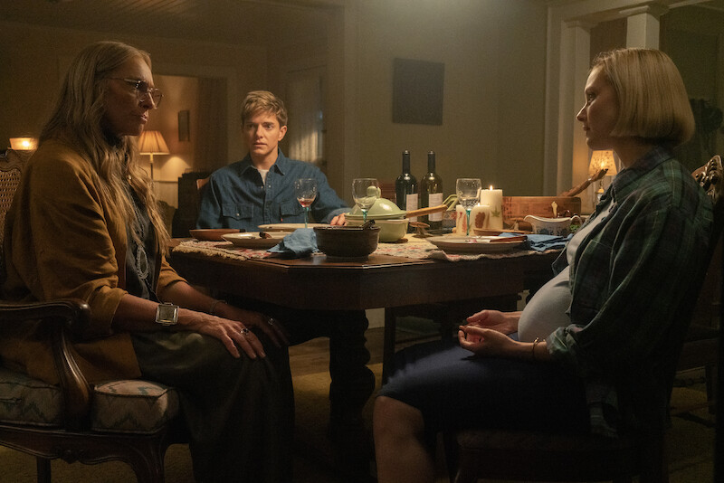 Toni Collette as Evelyn, Mae Martin as Alex Dempsey, and Sarah Gadon as Laura in 'Wayward.'