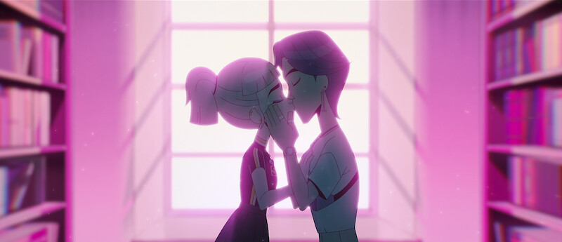 Ali Wong as Jentry and Woosung as Kit lean in for a kiss in 'Jentry Chau vs. the Underworld'