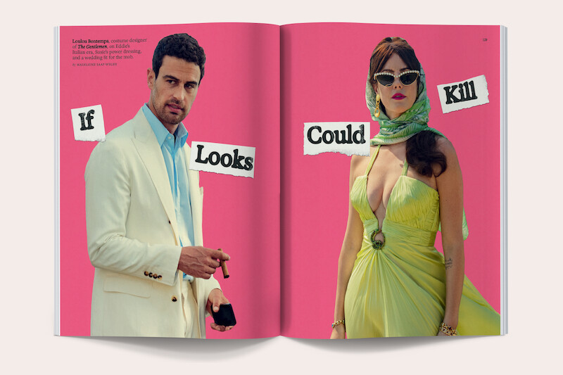A man in a white suit holding sunglasses and a woman in a green dress with a headscarf and sunglasses, both posed stylishly against a pink background in a magazine spread with the text "If Looks Could Kill."